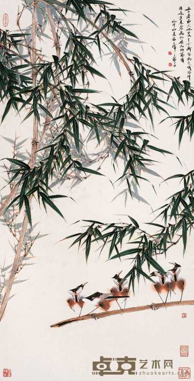 韩天衡 己卯（1999年）作 翠竹小鸟图 片 136×69cm